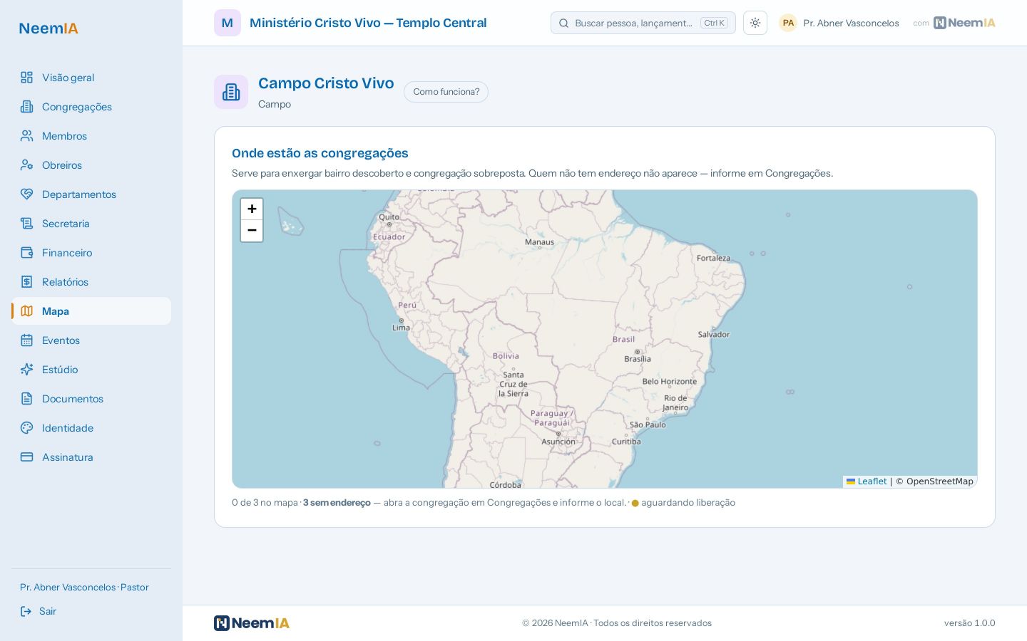 Tela do painel: Campo ou ministério