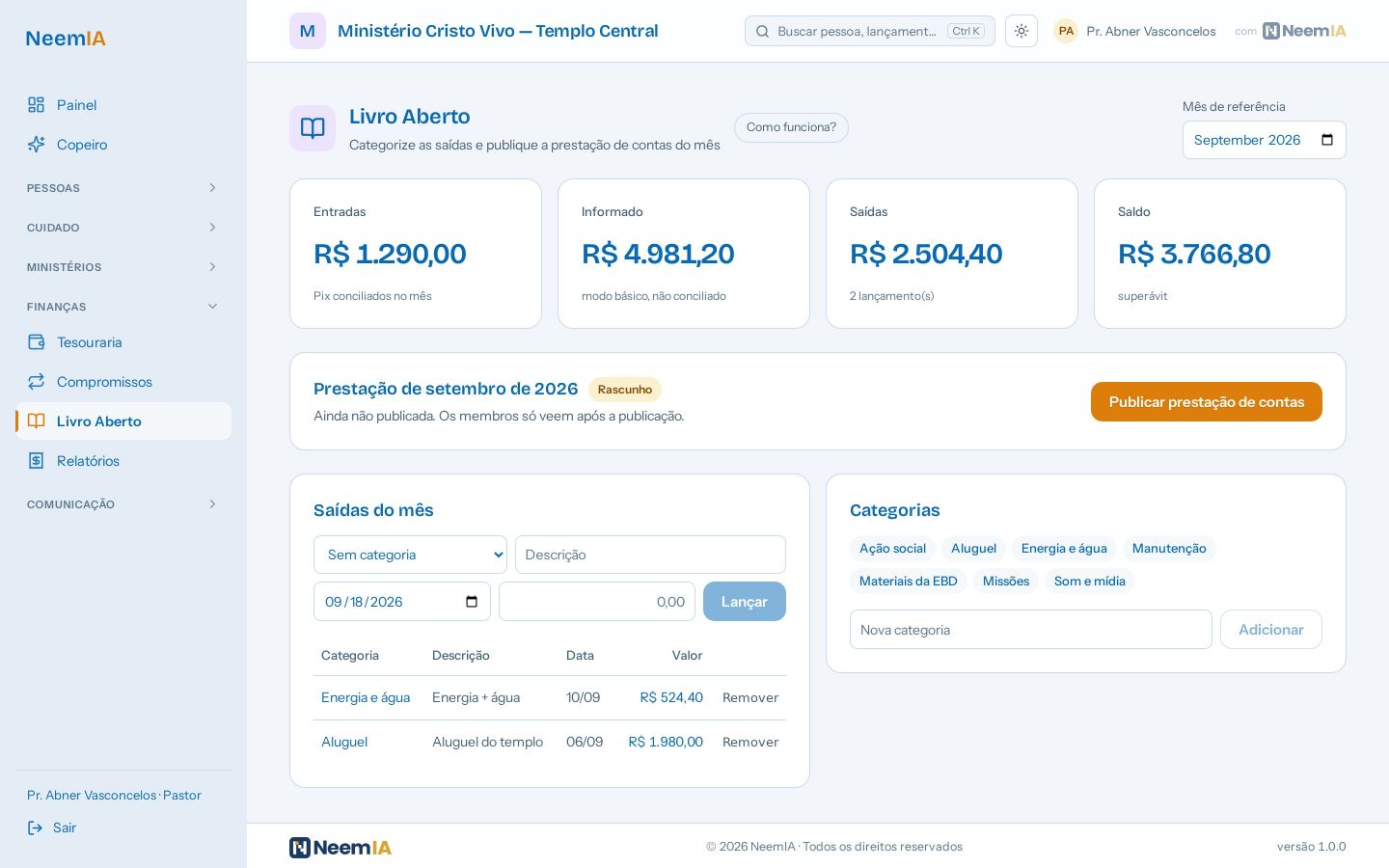Tela: A tesouraria e o Livro Aberto