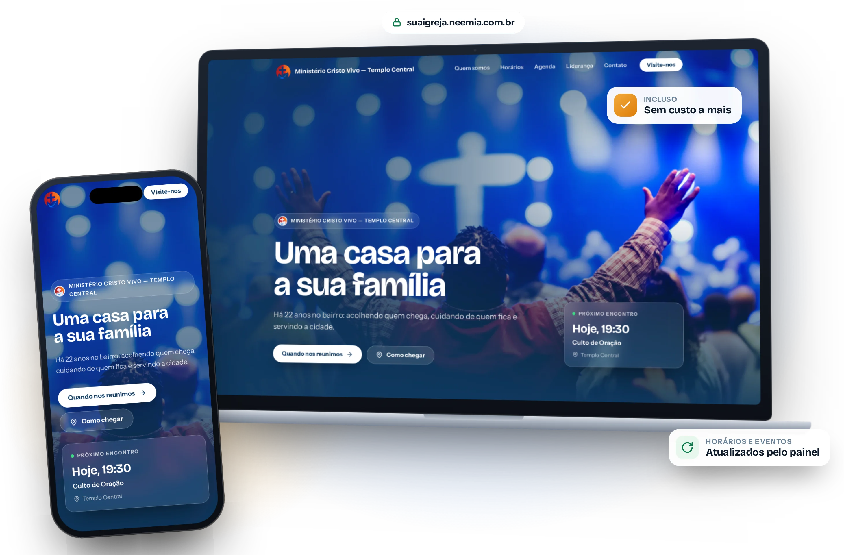 O site de exemplo aberto num notebook e num celular